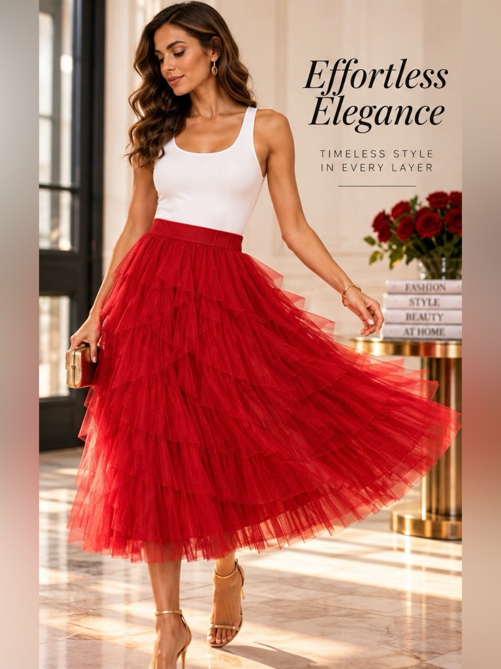 CeCe Red Tiered Tulle Midi Skirt NWT Size Medium